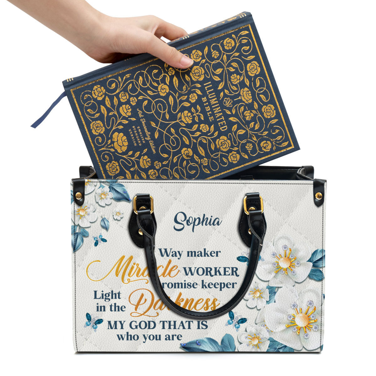 Flower & Butterfly Way Maker And Miracle Worker Leather Bag - Personalized Leather Bag With Handle for Christian Women