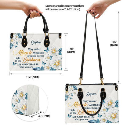 Flower & Butterfly Way Maker And Miracle Worker Leather Bag - Personalized Leather Bag With Handle for Christian Women