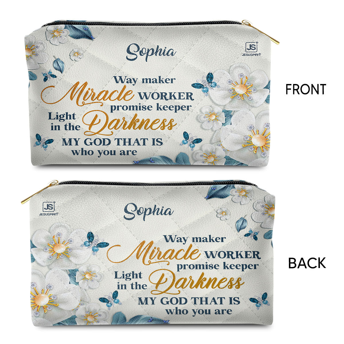 Flower & Butterfly Way Maker And Miracle Worker Personalized Leather Pouch With Zipper