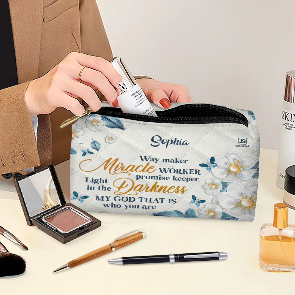 Flower & Butterfly Way Maker And Miracle Worker Personalized Leather Pouch With Zipper