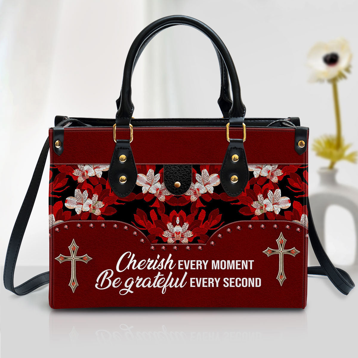 Flower Cherish Every Moment Be Grateful Every Second Leather Handbag - Religious Gifts For Women