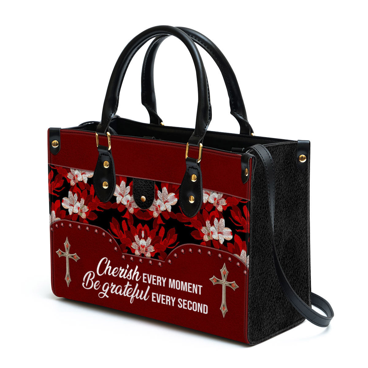 Flower Cherish Every Moment Be Grateful Every Second Leather Handbag - Religious Gifts For Women