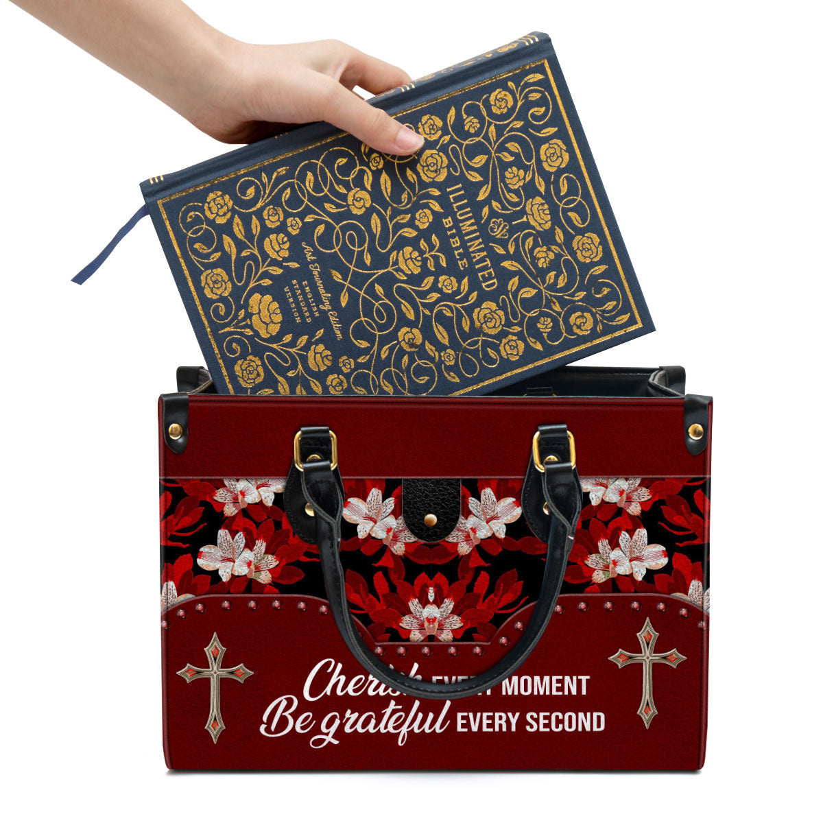 Flower Cherish Every Moment Be Grateful Every Second Leather Handbag - Religious Gifts For Women