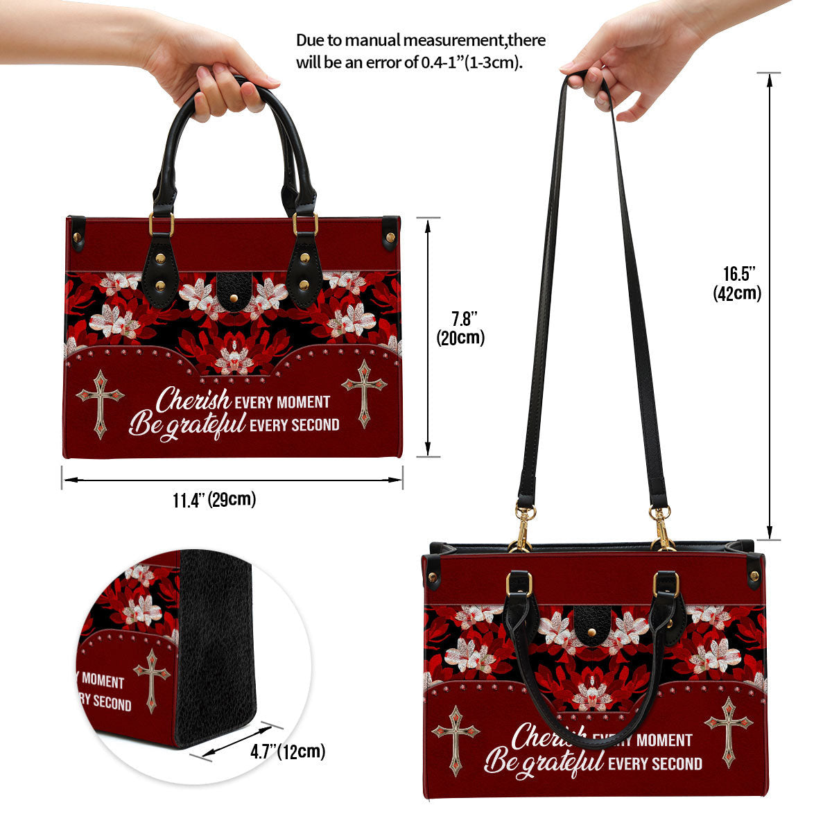 Flower Cherish Every Moment Be Grateful Every Second Leather Handbag - Religious Gifts For Women