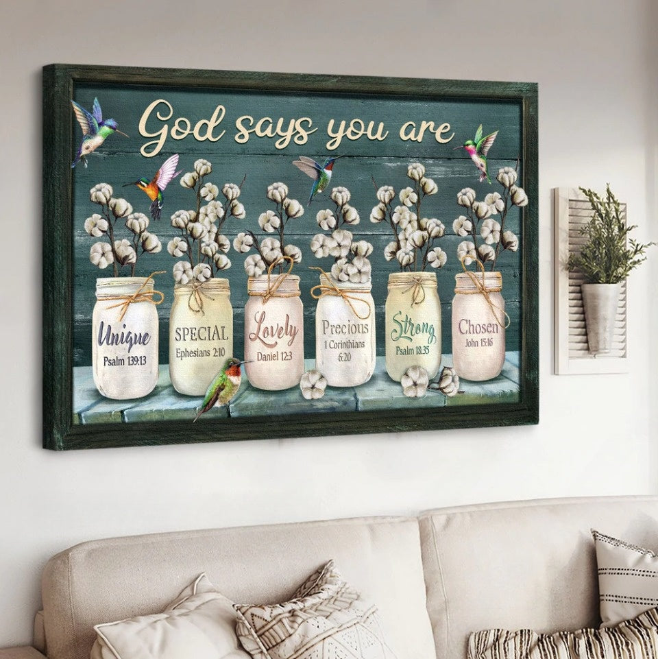 Flower Colorful Hummingbirds God Says You Are Canvas Wall Art - Christian Poster - Religious Wall Decor