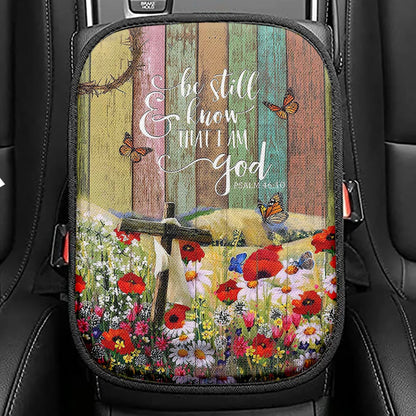 Flower Field Butterfly Be Still And Know That I Am God Seat Box Cover, Christian Car Center Console Cover, Bible Verse Car Interior Accessories