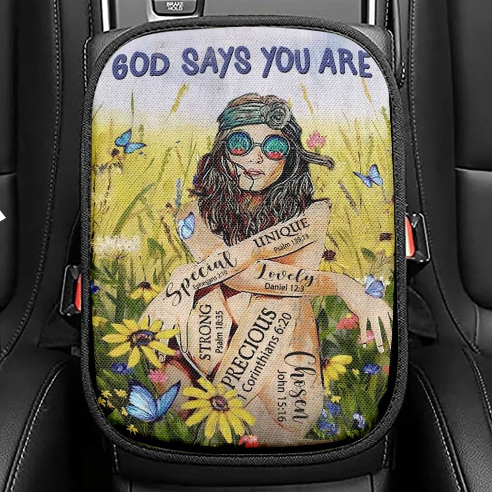 Flower Field, Green Meadow, Hippie, God Says You Are Car Center Console Cover, Christian Armrest Seat Cover, Bible Seat Box Cover