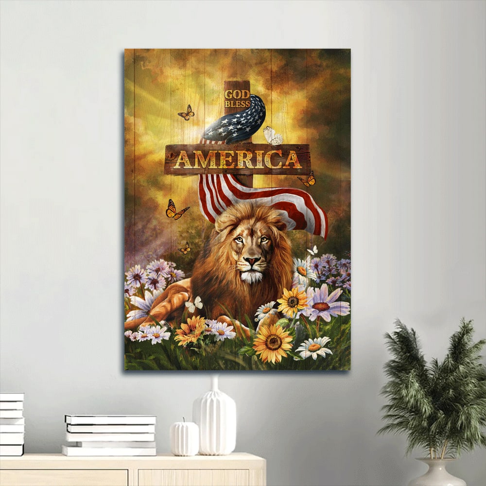 Flower Field Lion Of Judah Halo Butterfly God Bless America Canvas Wall Art - Christian Gift
