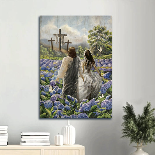 Flower Field Purple Hydrangea Walking With Jesus Pretty Girl Canvas Wall Art - Christian Gift