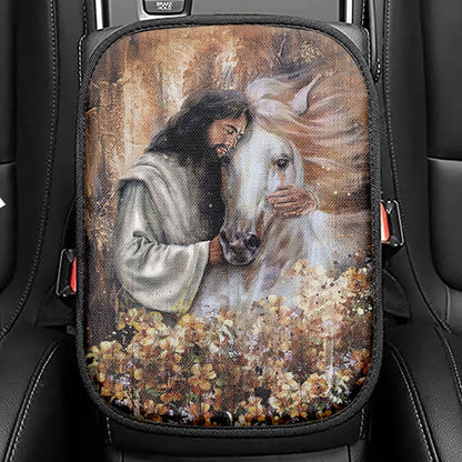 Flower Garden Jesus Hugging A Horse Seat Box Cover, Bible Verse Car Center Console Cover, Christian Inspirational Car Interior Accessories