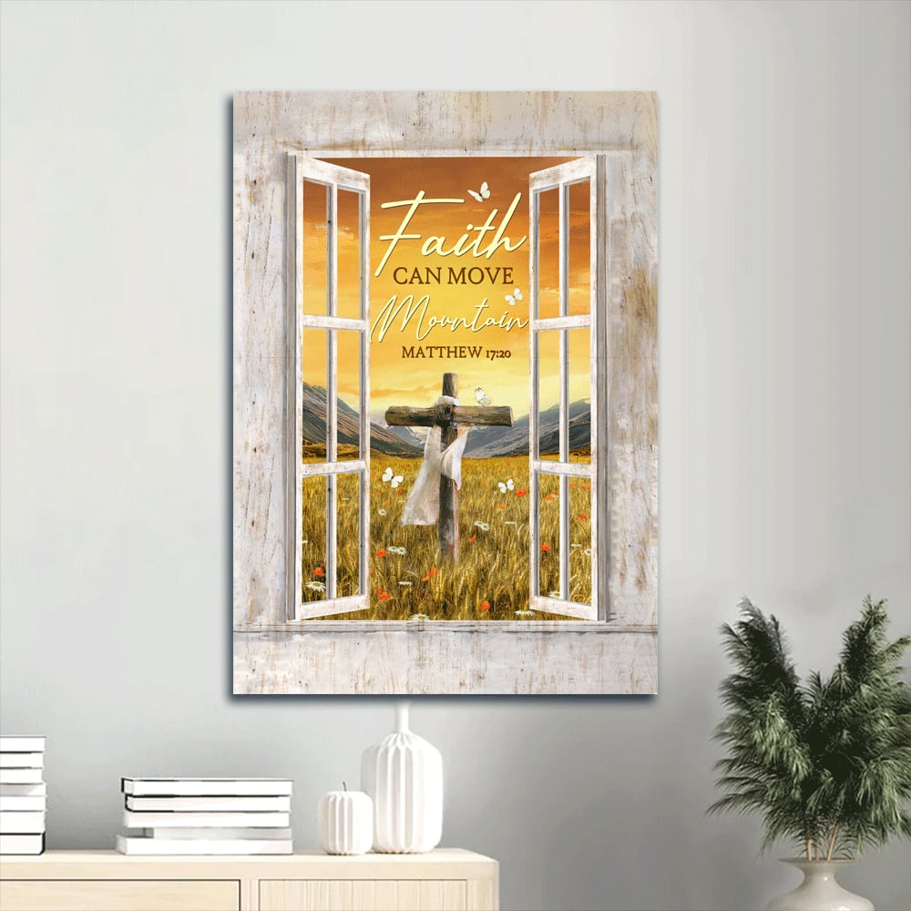 Flower Garden Wooden Cross Orange Sunset White Butterfly Faith Can Move Mountain Canvas Wall Art - Christian Gift