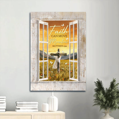 Flower Garden Wooden Cross Orange Sunset White Butterfly Faith Can Move Mountain Canvas Wall Art - Christian Gift