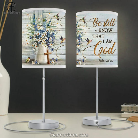 Flower Painting, Hummingbird, Cross, Bible Verse, Be Still And Know That I Am God Table Lamp