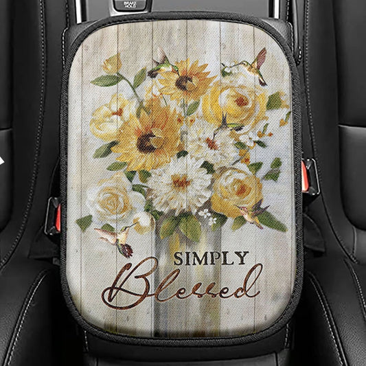 Flower Painting Hummingbird Vintage Art, Simply Blessed Car Center Console Cover, Christian Car Interior Accessories