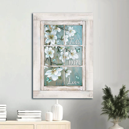 Flower Painting White Wooden Window Spring Drawing Blue Butterfly Faith Hope Love Canvas Wall Art - Christian Gift