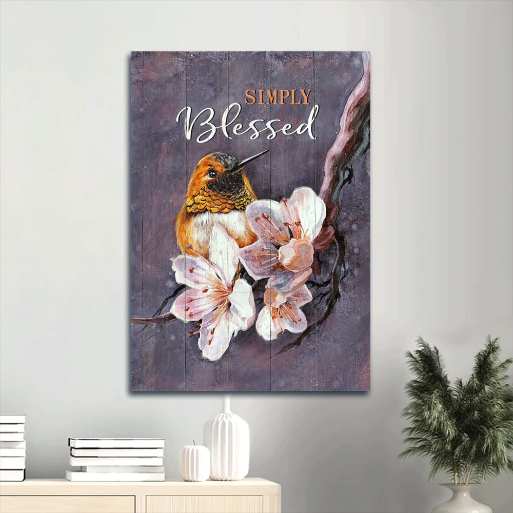 Flower Painting Yellow Hummingbird Simply Blessed Canvas Wall Art - Christian Gift