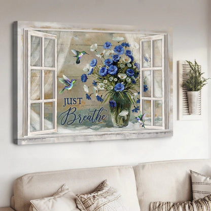 Flower Vase Hummingbird Just Breathe Canvas Wall Art - Christian Poster - Religious Wall Decor