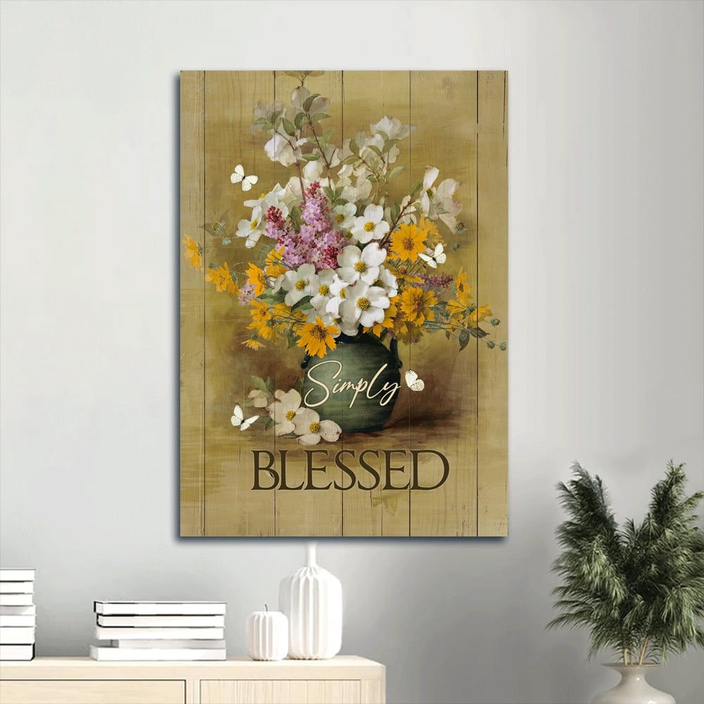 Flower Vase Wildflower White Butterfly Simply Blessed Canvas Wall Art - Christian Gift