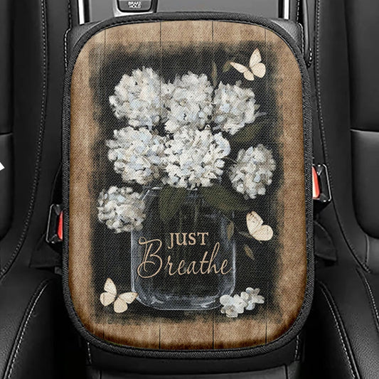 Flower White Butterfly Vintage Painting Just Breathe Seat Box Cover, Christian Car Center Console Cover, Bible Verse Car Interior Accessories