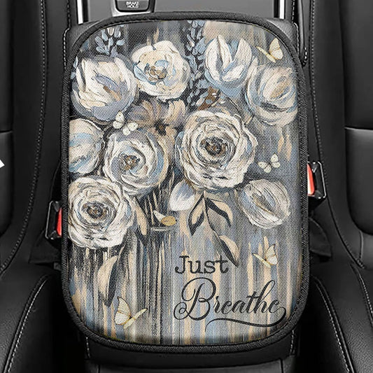 Flower White Rose Pretty Butterfly Just Breathe Seat Box Cover, Christian Car Center Console Cover, Bible Verse Car Interior Accessories