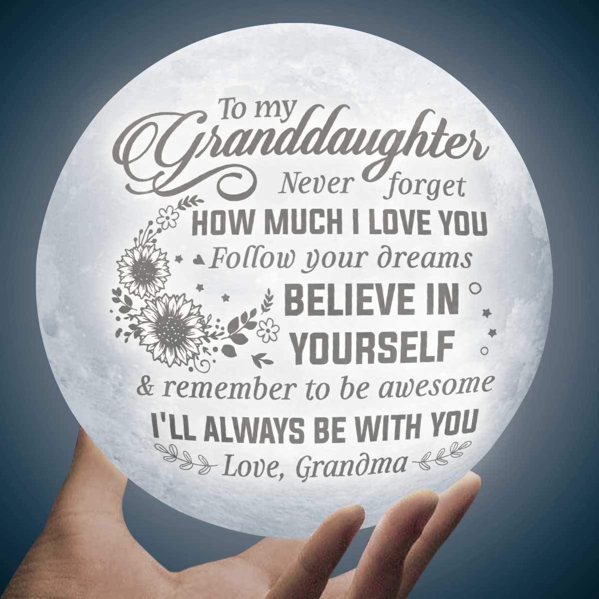 Follow Your Dreams 3d Printed Moon Lamp - To My Granddaughter - Gift For Granddaughter - Engraved Moon Lamp