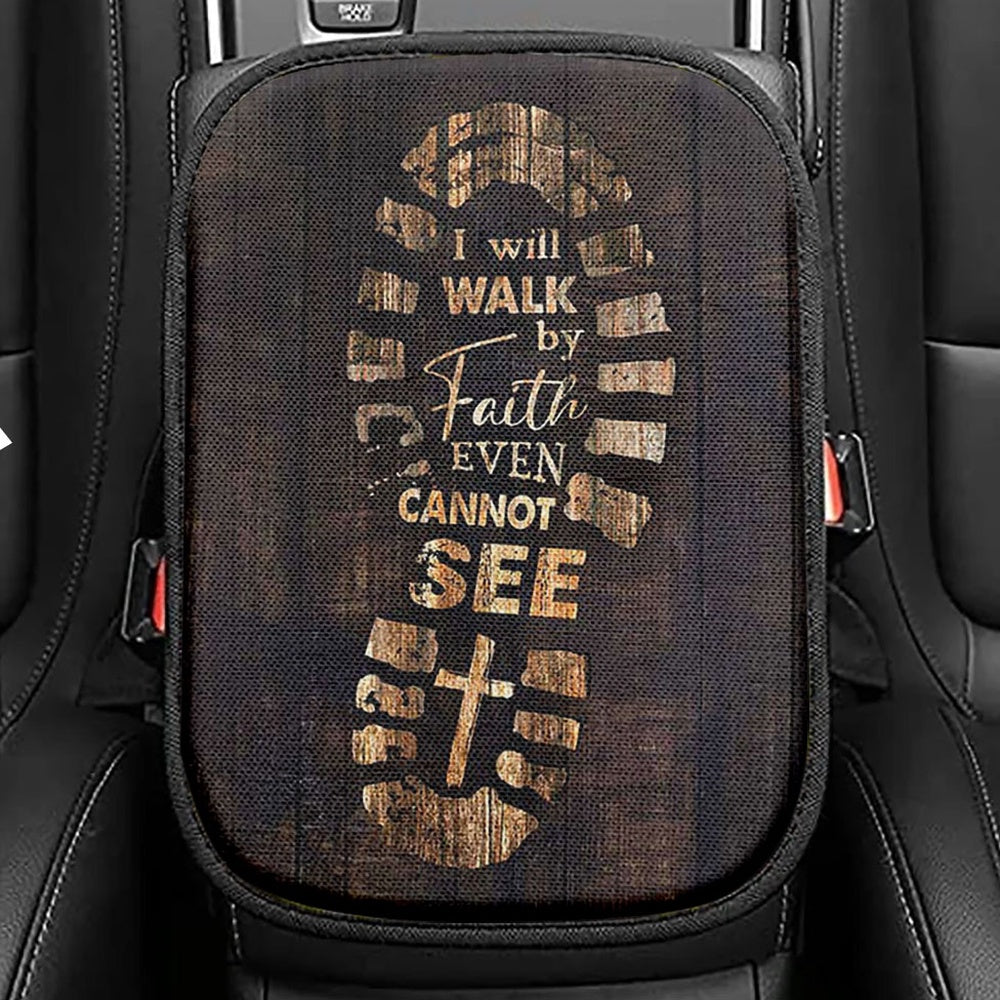 Footprint I Will Walk By Faith Even Cannot See Seat Box Cover, Bible Verse Car Center Console Cover, Christian Inspirational Car Interior Accessories