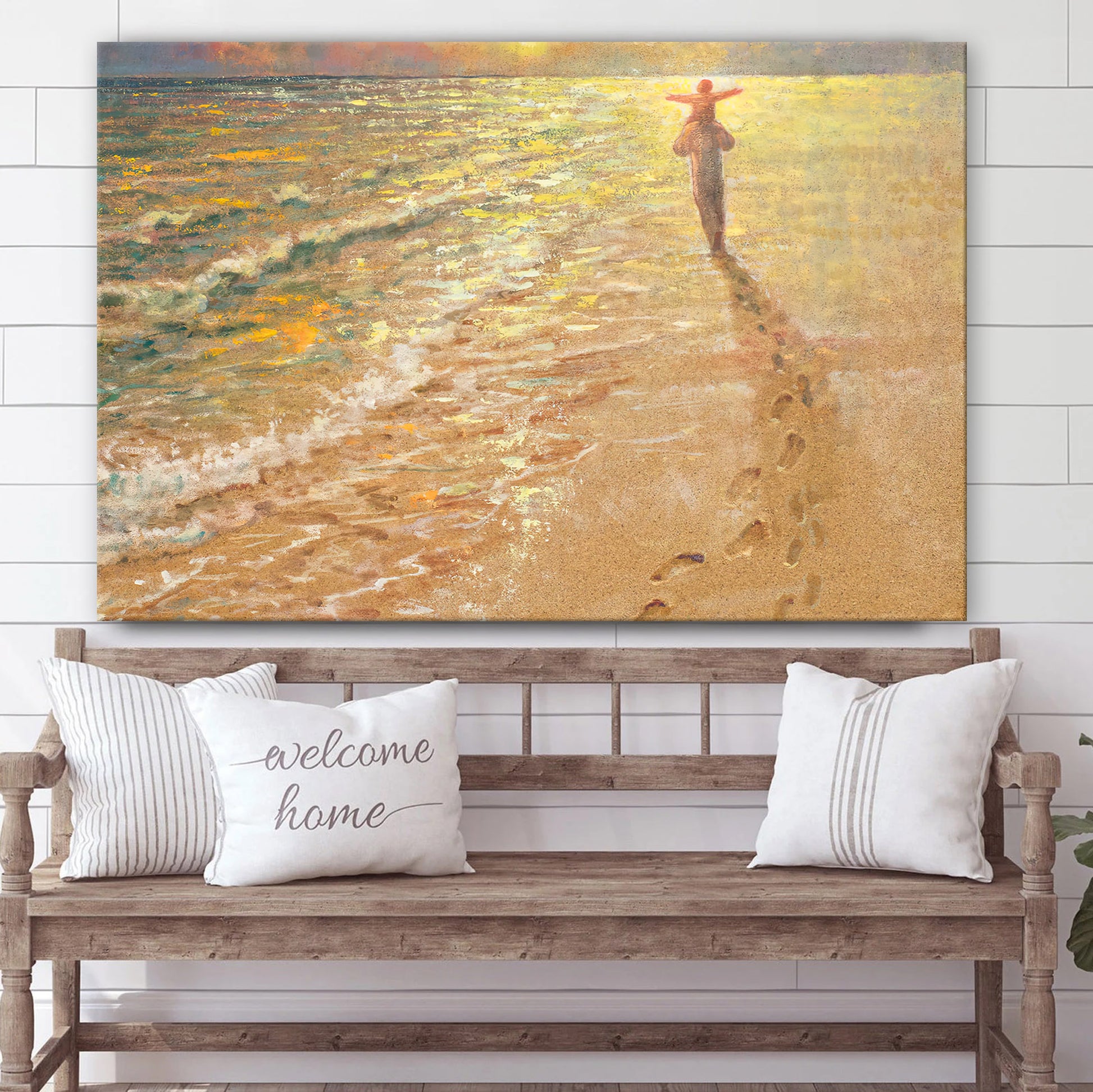 Footprints In The Sand Canvas Wall Art - Jesus & A Child