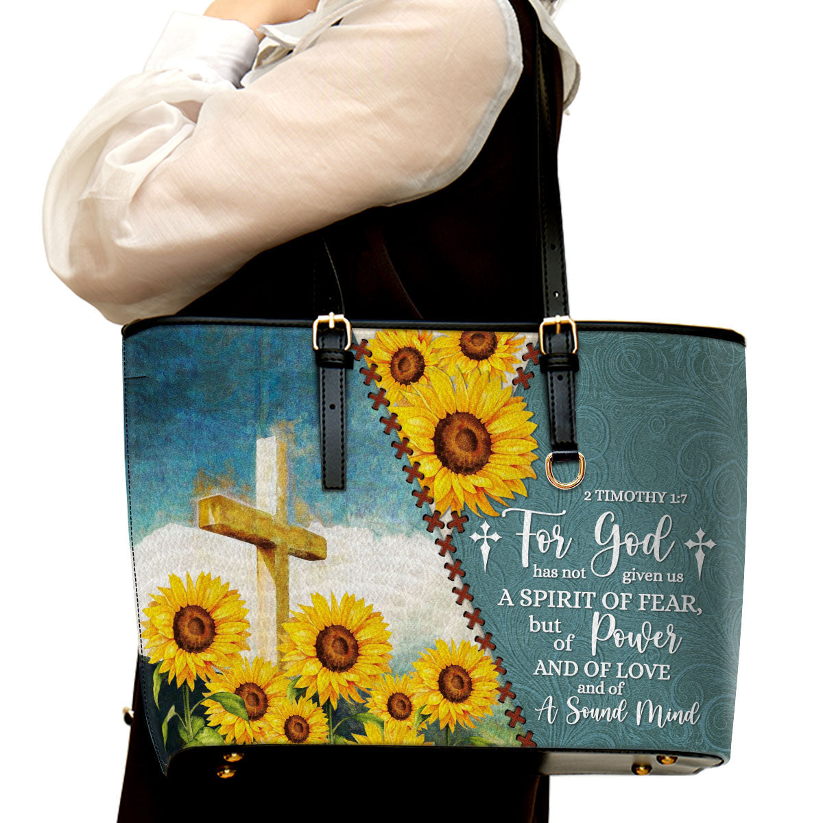 For God Has Given Us A Spirit Of A Sound Mind Large Leather Tote Bag - Christ Gifts For Religious Women - Best Mother's Day Gifts