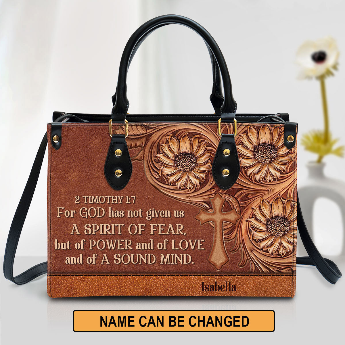 For God Has Given Us A Spirit Of Power And Of Love Leather Bag - Custom Name Cross Leather Handbag - Christian Gifts For Women