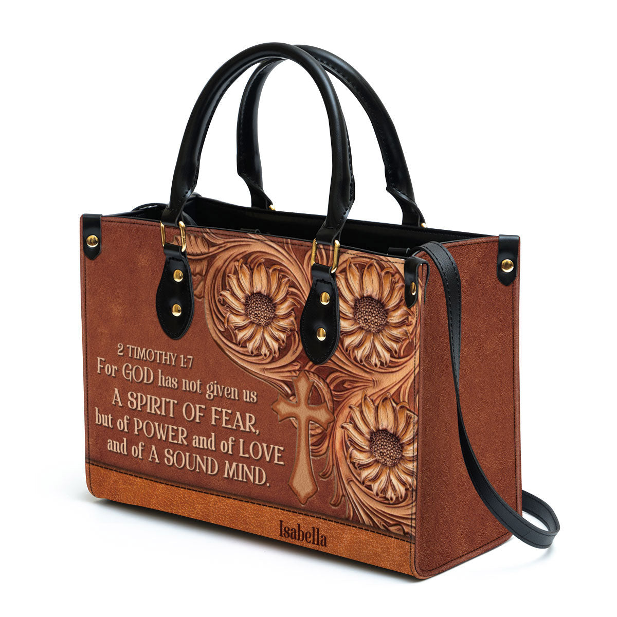 For God Has Given Us A Spirit Of Power And Of Love Leather Bag - Custom Name Cross Leather Handbag - Christian Gifts For Women