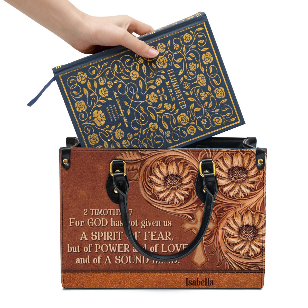 For God Has Given Us A Spirit Of Power And Of Love Leather Bag - Custom Name Cross Leather Handbag - Christian Gifts For Women