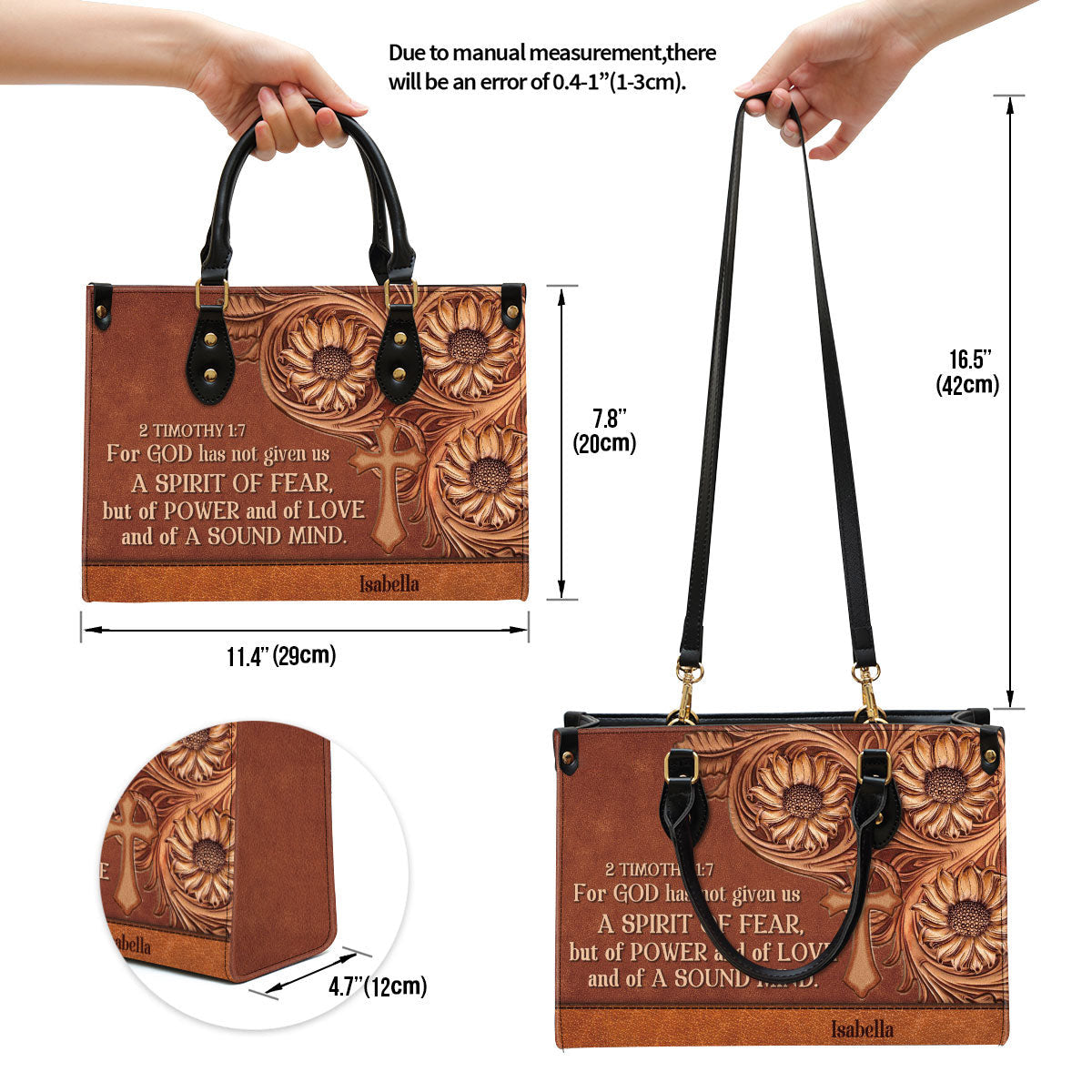 For God Has Given Us A Spirit Of Power And Of Love Leather Bag - Custom Name Cross Leather Handbag - Christian Gifts For Women