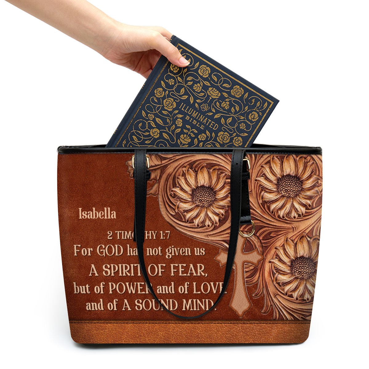 For God Has Given Us A Spirit Of Power And Of Love Personalized Large Leather Tote Bag - Christian Gifts For Women