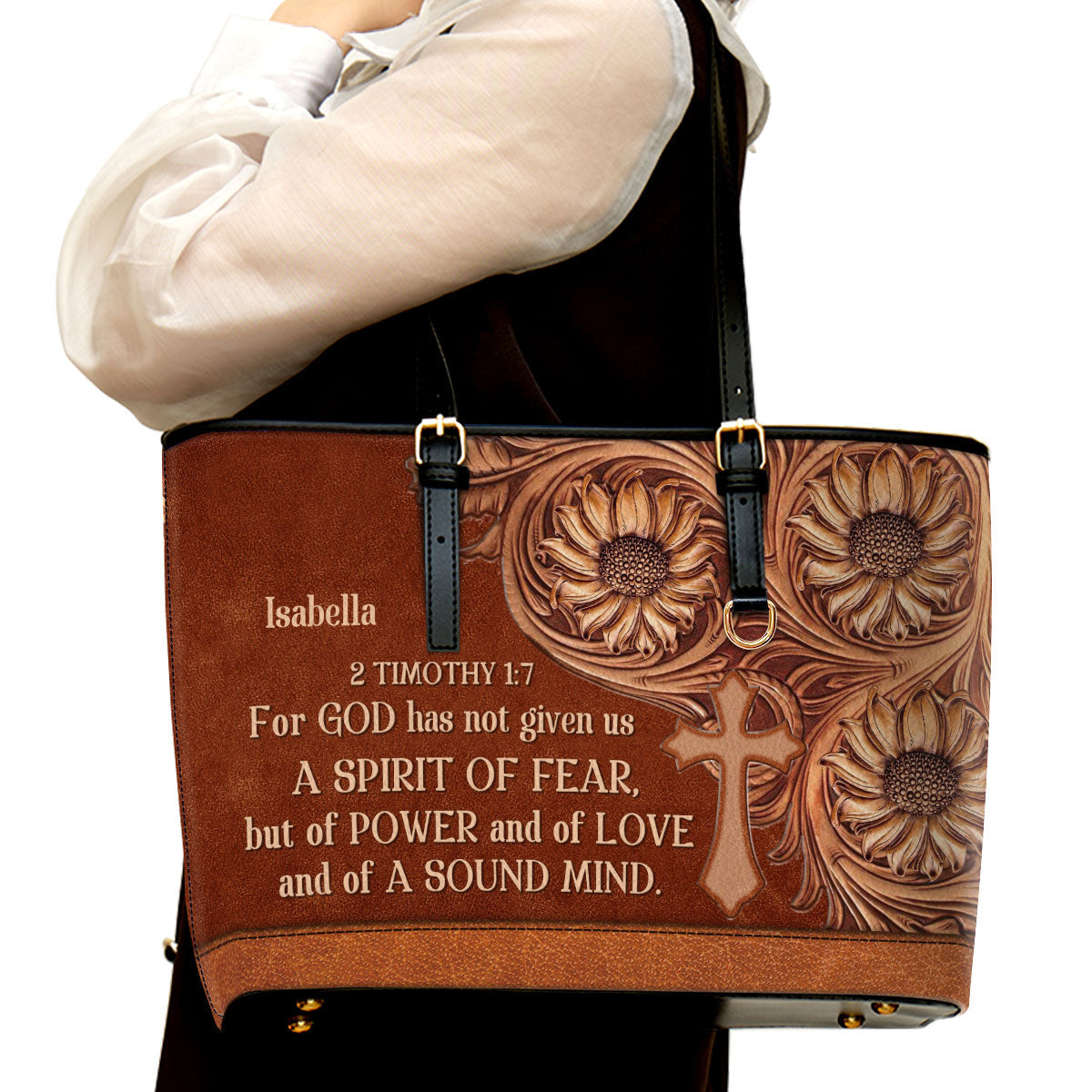 For God Has Given Us A Spirit Of Power And Of Love Personalized Large Leather Tote Bag - Christian Gifts For Women