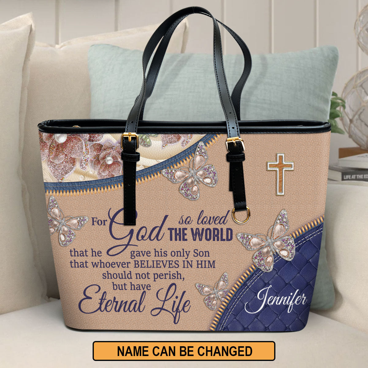 For God So Loved The World Personalized Large Leather Tote Bag - Christian Gifts For Women