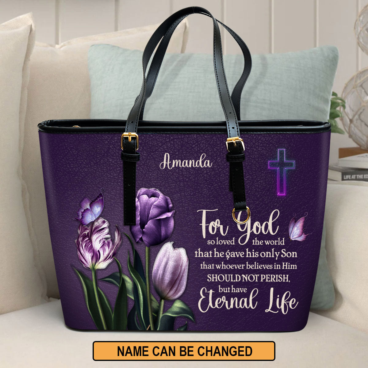 For God So Loved The World Personalized Leather Tote Bag - Christian Gifts For Women