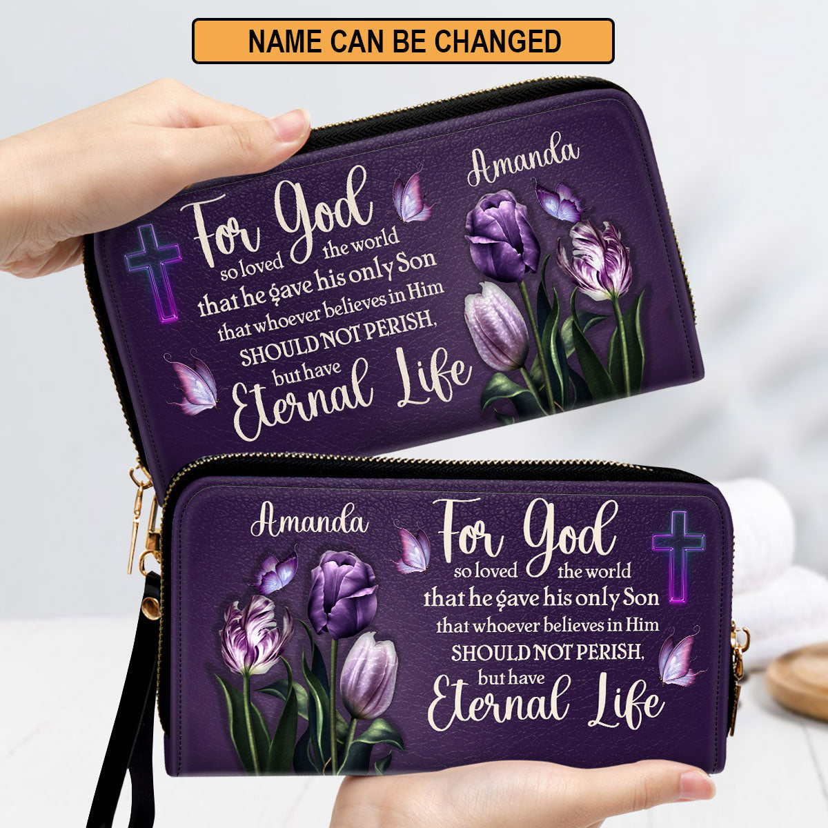 For God So Loved The World Tulip And Cross Clutch Purse For Women - Personalized Name - Christian Gifts For Women