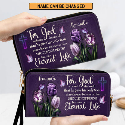 For God So Loved The World Tulip And Cross Clutch Purse For Women - Personalized Name - Christian Gifts For Women