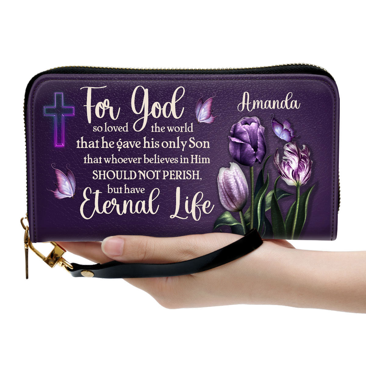 For God So Loved The World Tulip And Cross Clutch Purse For Women - Personalized Name - Christian Gifts For Women