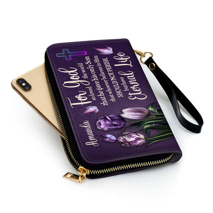 For God So Loved The World Tulip And Cross Clutch Purse For Women - Personalized Name - Christian Gifts For Women