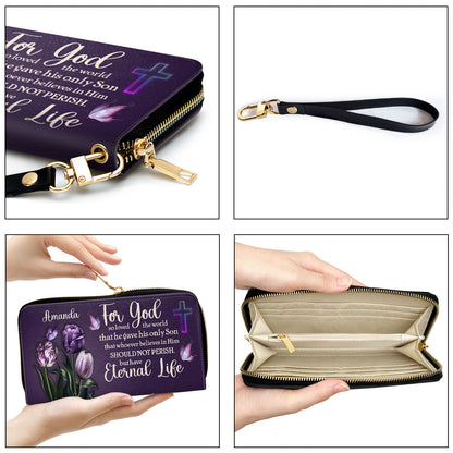 For God So Loved The World Tulip And Cross Clutch Purse For Women - Personalized Name - Christian Gifts For Women