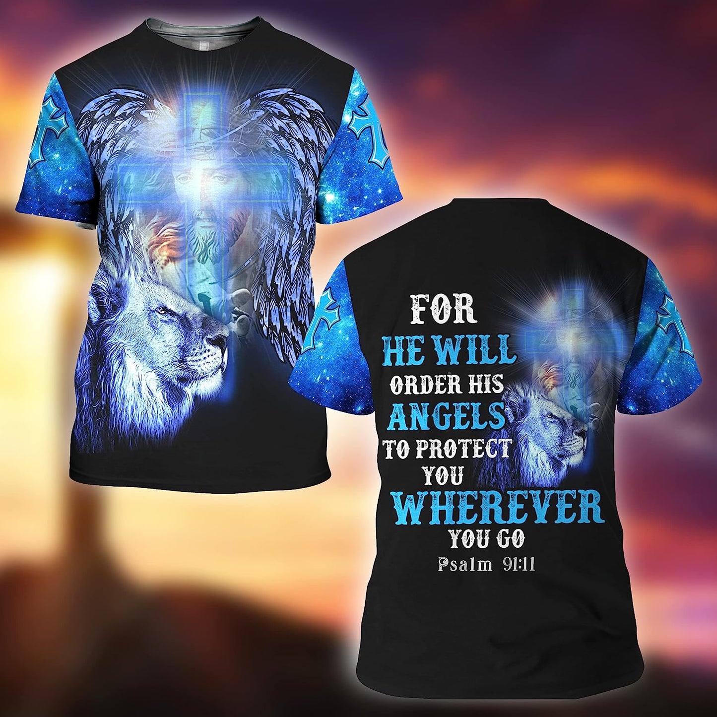For He Will Order His Angels Lion Cross All Over Printed 3D T Shirt - Christian Shirts for Men Women