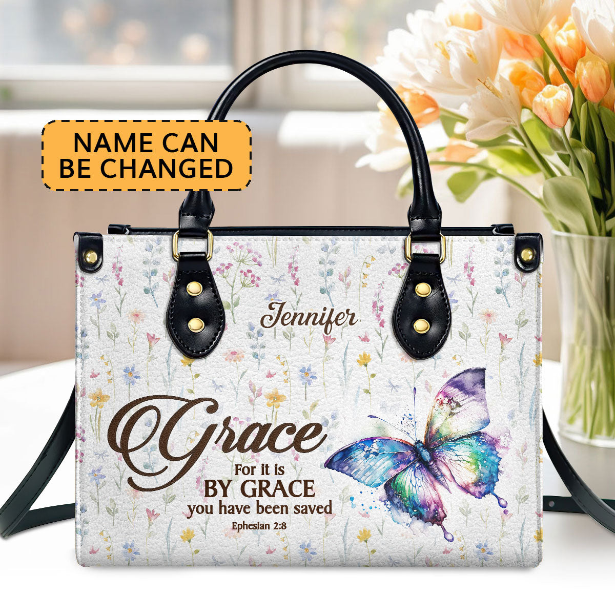 For It Is By Grace You Have Been Saved Ephesians 28 Worship Gift For Spiritual Friends Personalized Leather Handbag With Handle