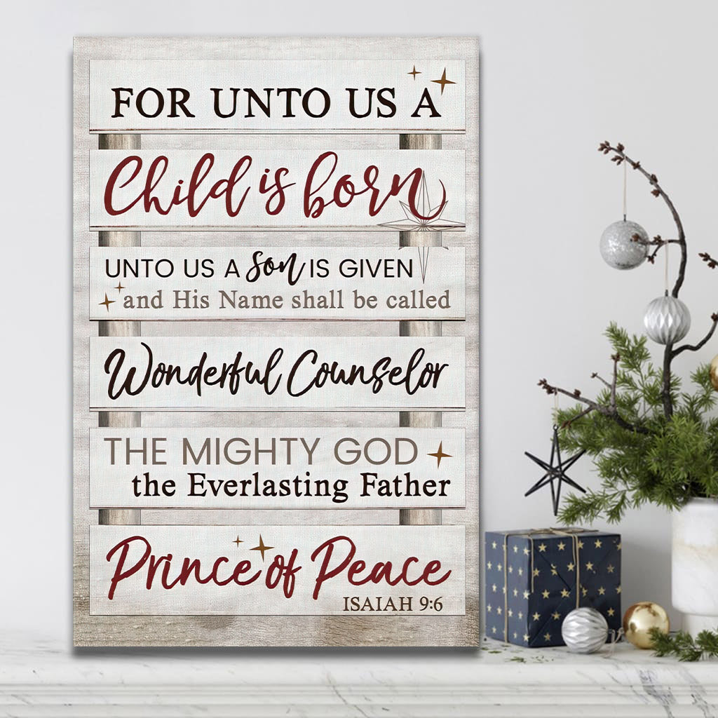For Unto Us A Child Is Born Isaiah 9 6 Christmas Wall Art Canvas Print