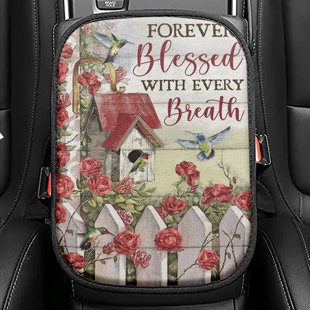 Forever Blessed With Every Breath Red Rose Garden Hummingbird Seat Box Cover, Christian Car Center Console Cover, Religious Car Interior Accessories