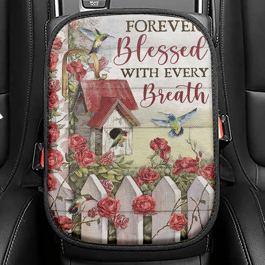 Forever Blessed With Every Breath Red Rose Garden Hummingbird Seat Box Cover, Christian Car Center Console Cover, Religious Car Interior Accessories