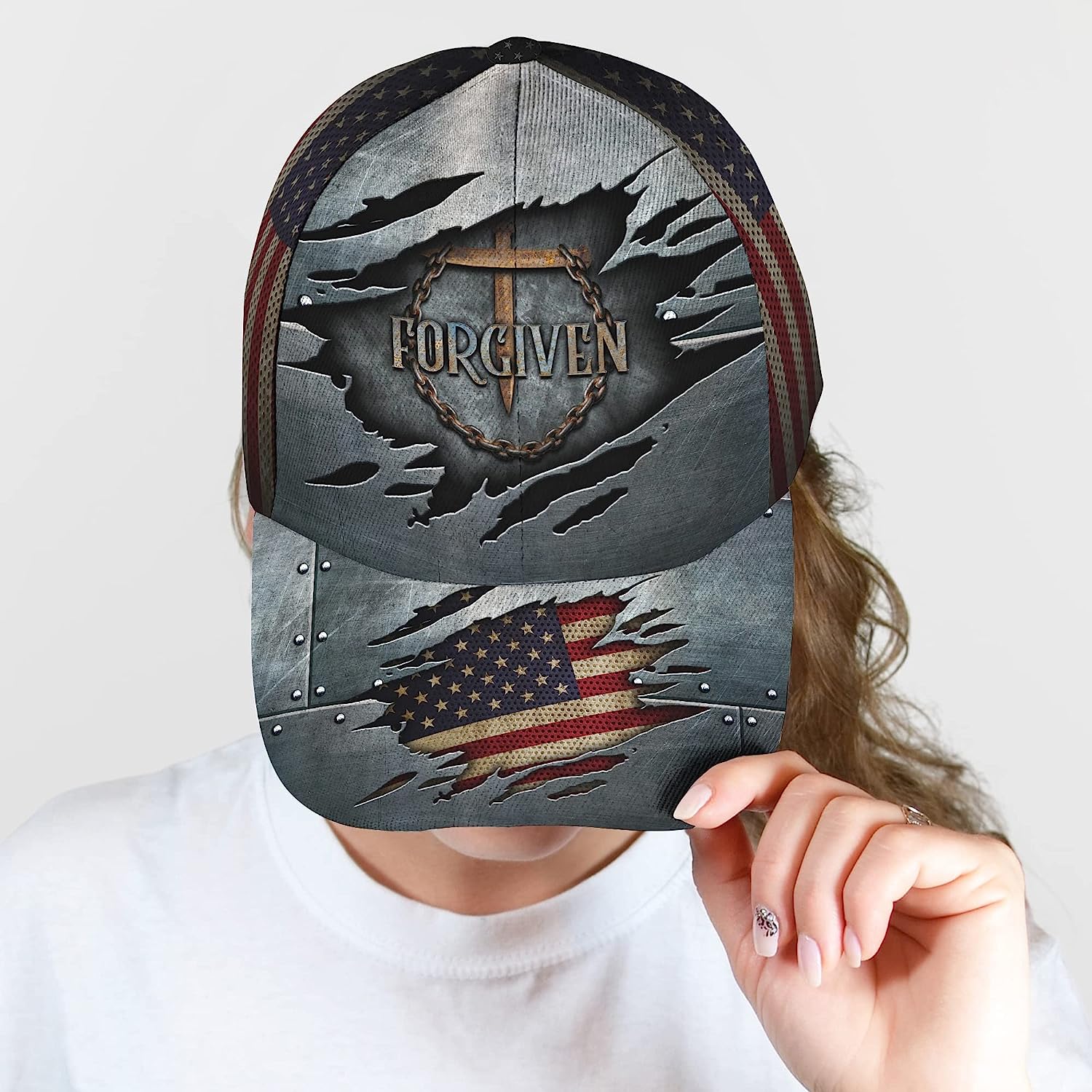 Forgiven Nail Cross With American Flag All Over Print Baseball Cap - Christian Hats For Men Women