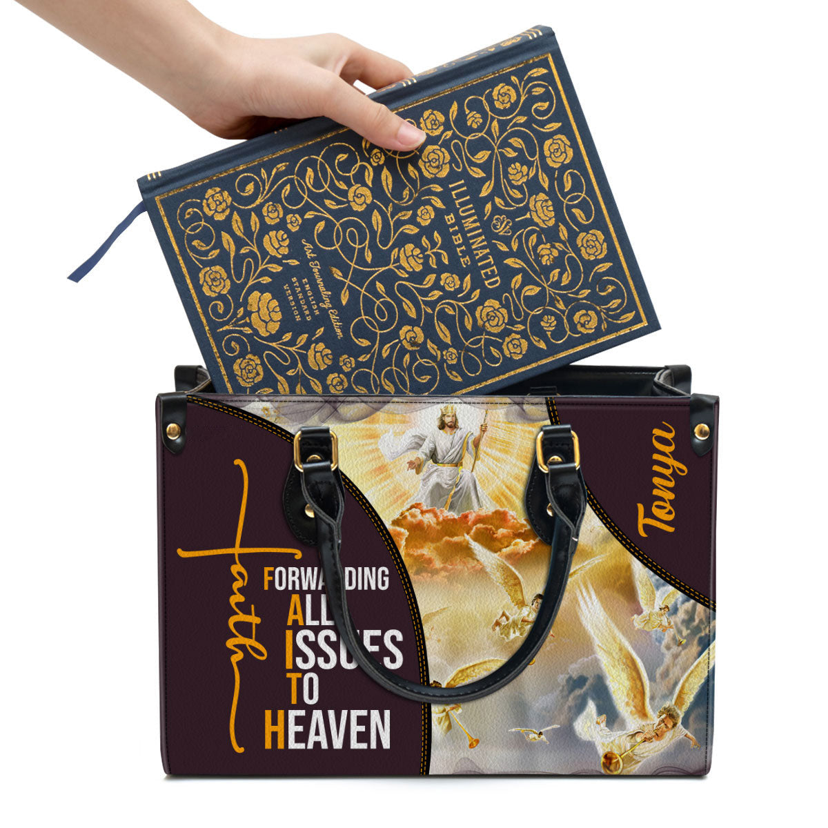 Forwarding All Issues To The Heaven Leather Bag - Personalized Leather Bag With Handle for Christian Women
