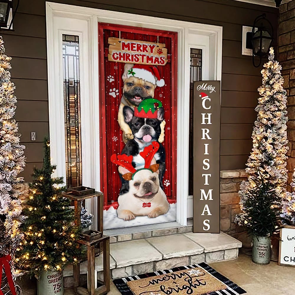 Frenchie Merry Christmas Door Cover - Christmas Outdoor Decoration