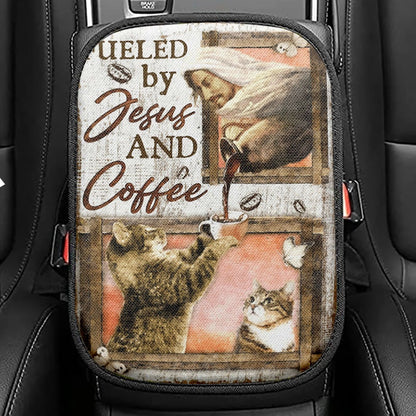 Fueled By Jesus And Coffee Cat Seat Box Cover, Christian Car Center Console Cover, Religious Car Interior Accessories